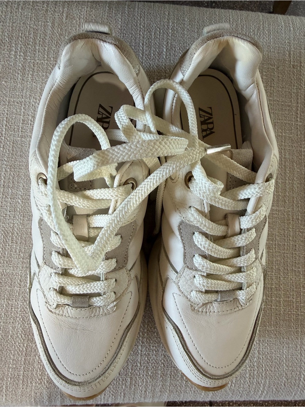 Zara Off-White & Light Taupe Mixed-Material Lace-Up Sneakers